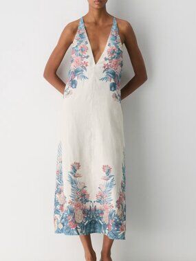 Aritzia Little Moon Mural Linen Halter Dress In Matte Pearl/Tropical - Size 2XS